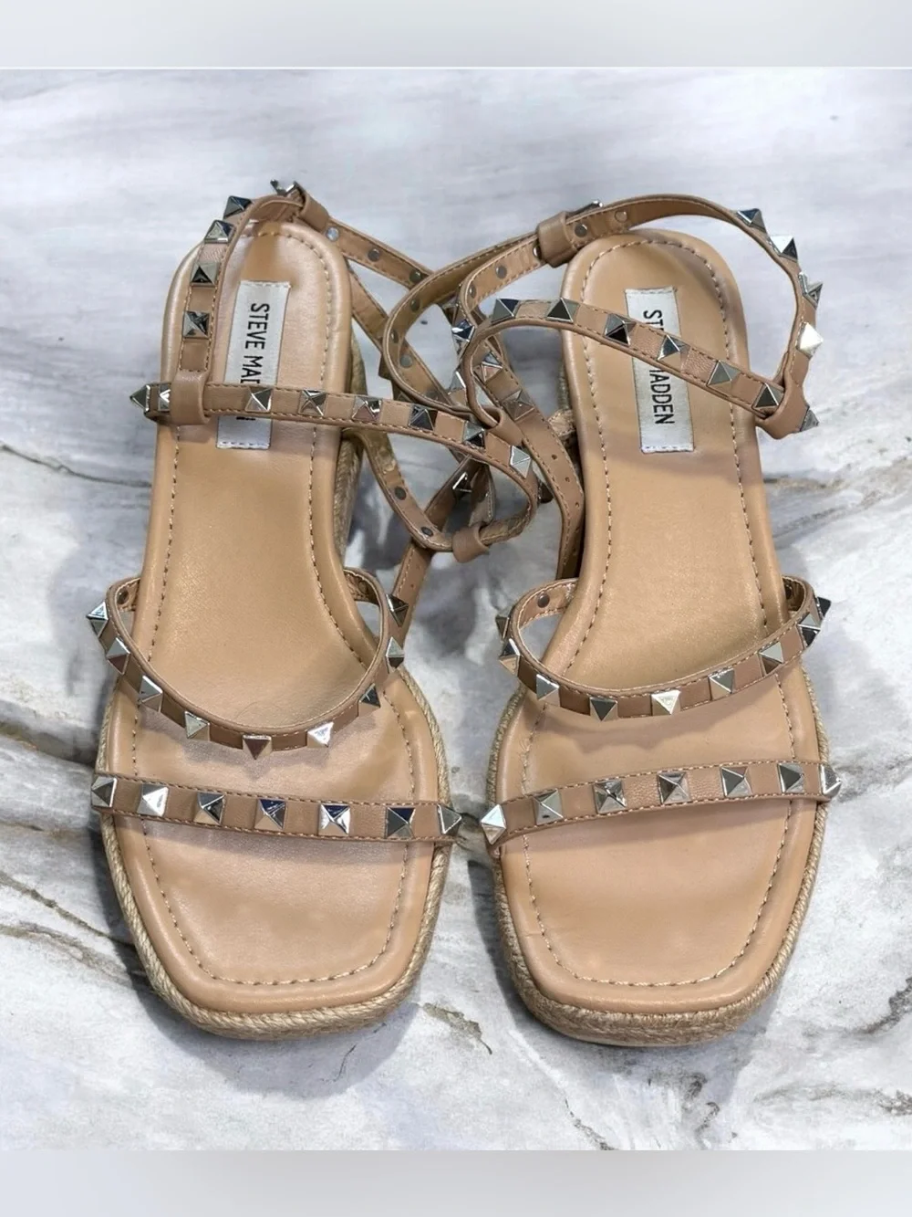 Steve Madden Klinch Beige Studded Sandals Platform Wedge - Women's Size 10